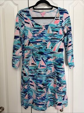Lilly Pulitzer Tammy Sailboat Scoop Neck 3/4 Sleeve Tunic Dress Pink & Aqua S